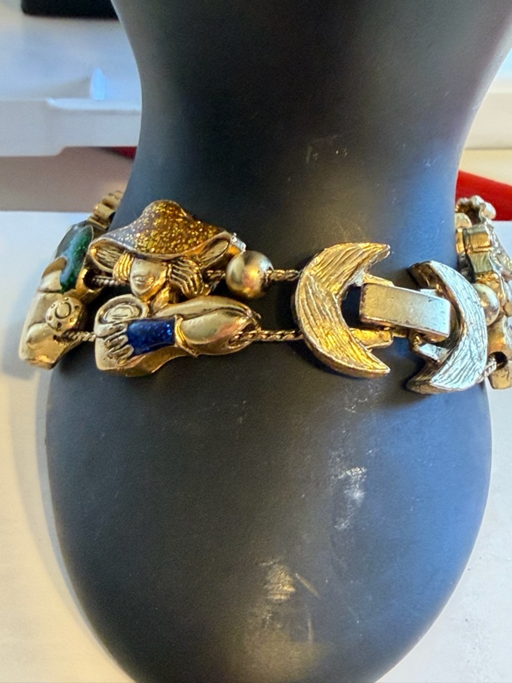 Gold-Tone Floral and Garden Charm Bracelet - Green, Red, White Glitter Enamel 7” - Picture 6 of 8